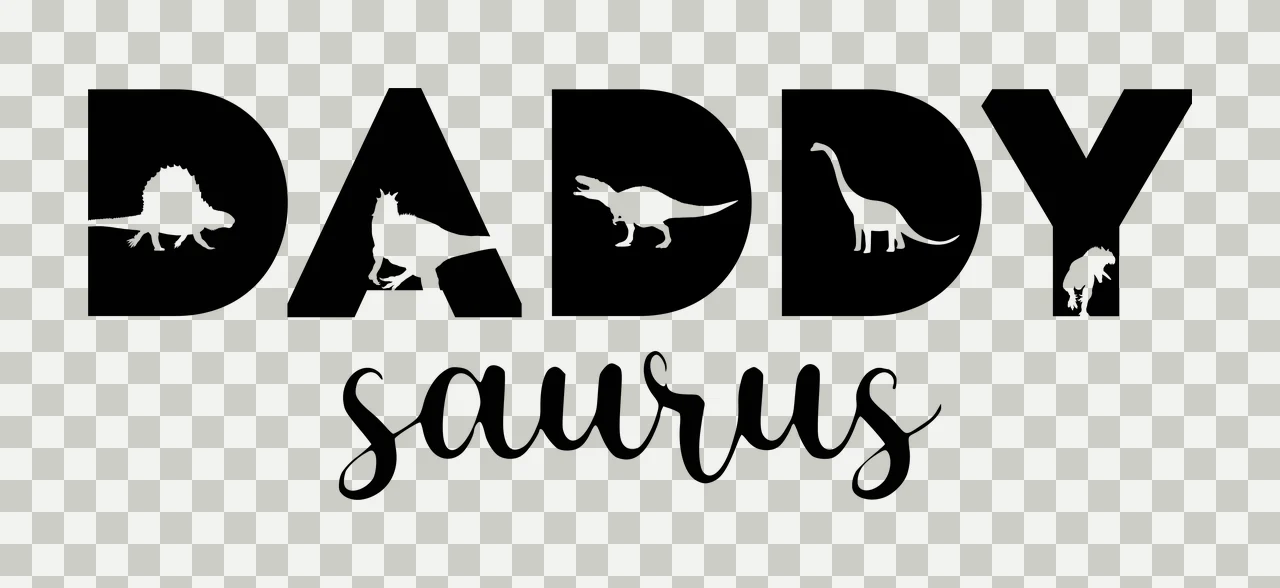 DADDY saurus Typography Design with DADDY lettering, saurus script font, dinosaur silhouettes and sauropod silhouette in black and white transparency and detail preview thumbnail
