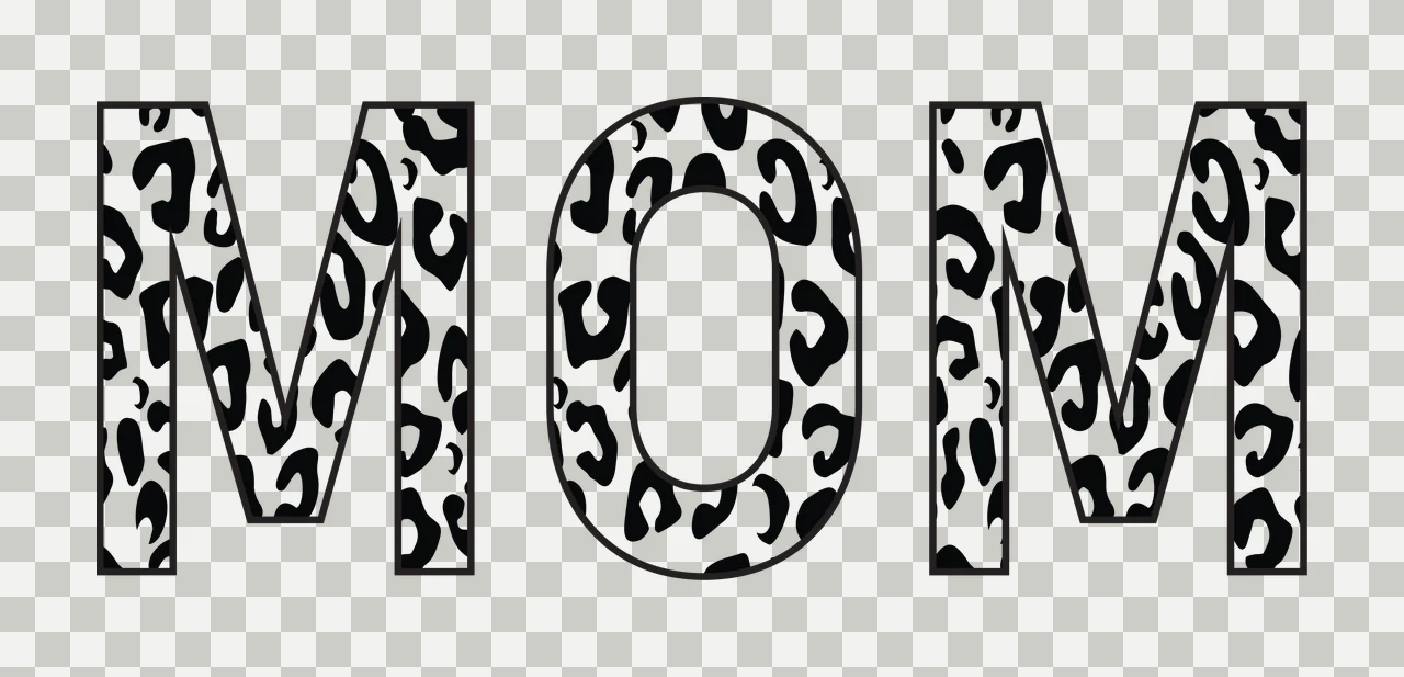 MOM Typography Design with black and white leopard print, block letters, black outline and animal pattern transparency and detail preview thumbnail