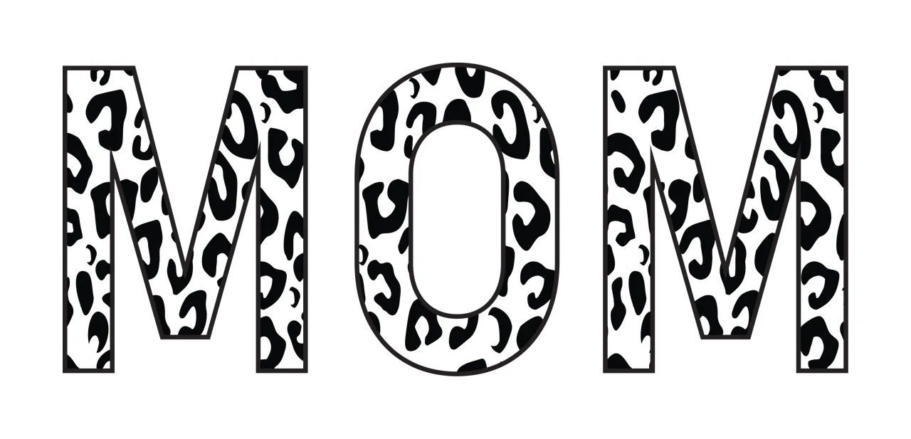 MOM Typography Design with black and white leopard print, block letters, black outline and animal pattern