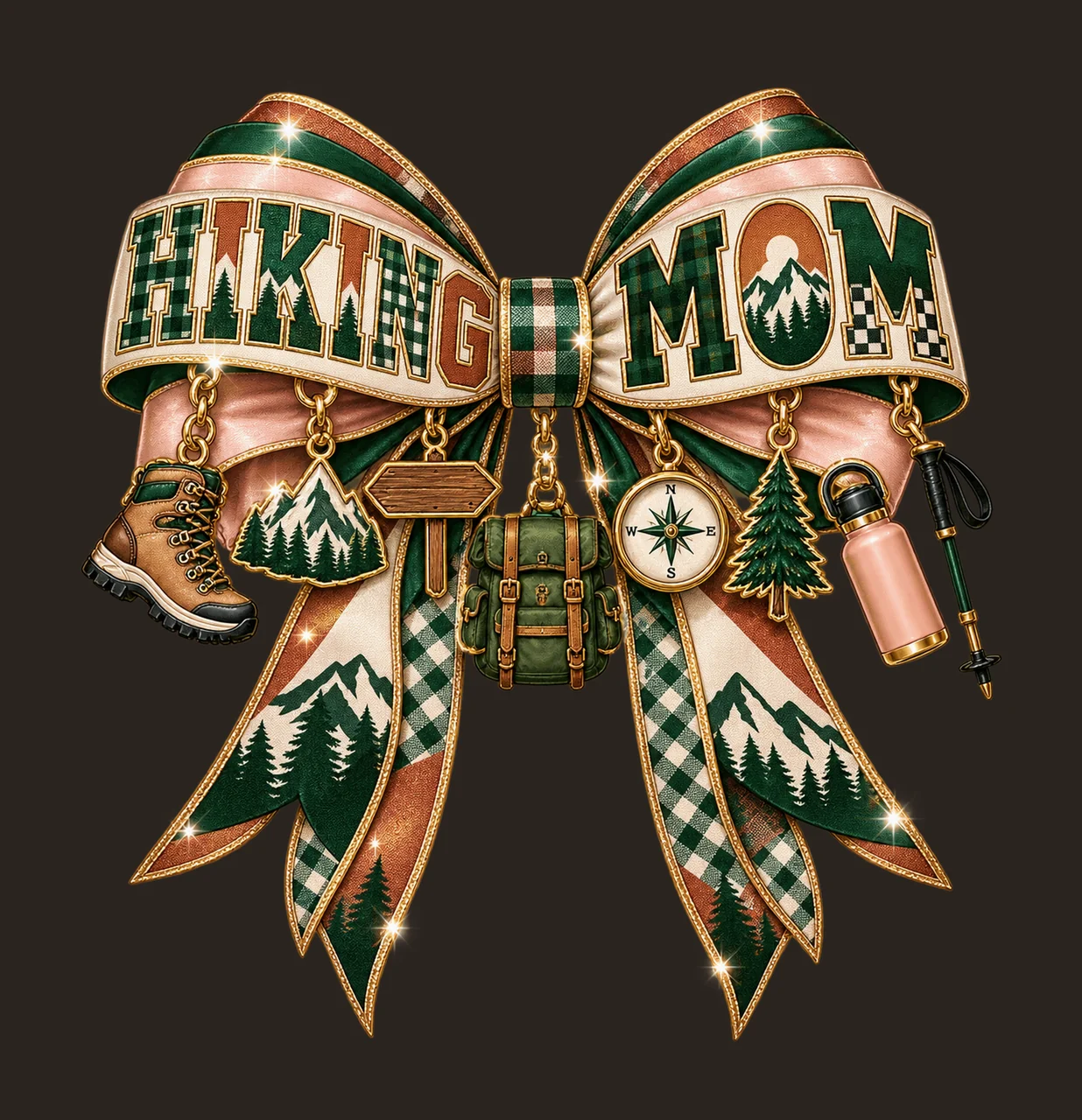 Hiking Mom Bow Charm PNG, Patterned Varsity Mom Ribbon Clipart, Transparent Sublimation Digital Download contrast preview thumbnail