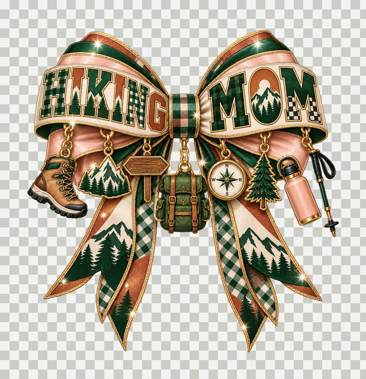Hiking Mom Bow Charm PNG, Patterned Varsity Mom Ribbon Clipart, Transparent Sublimation Digital Download transparency and detail preview thumbnail