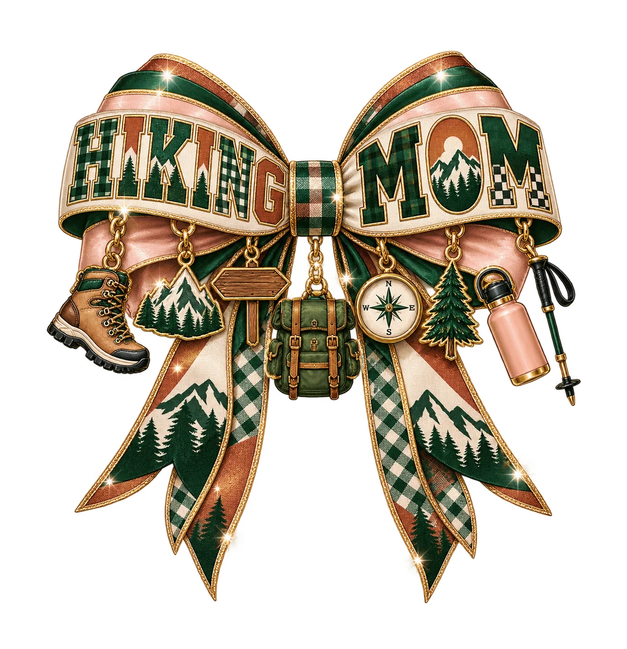 Hiking Mom Bow Charm PNG, Patterned Varsity Mom Ribbon Clipart, Transparent Sublimation Digital Download