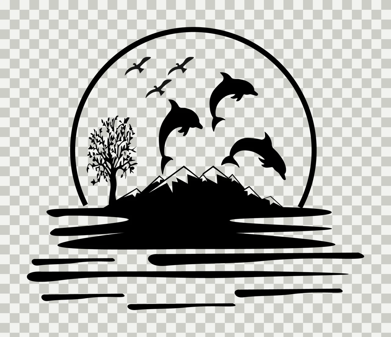 Tree Dolphins Jumping Near Mountain Silhouette sun mountains transparency and detail preview thumbnail