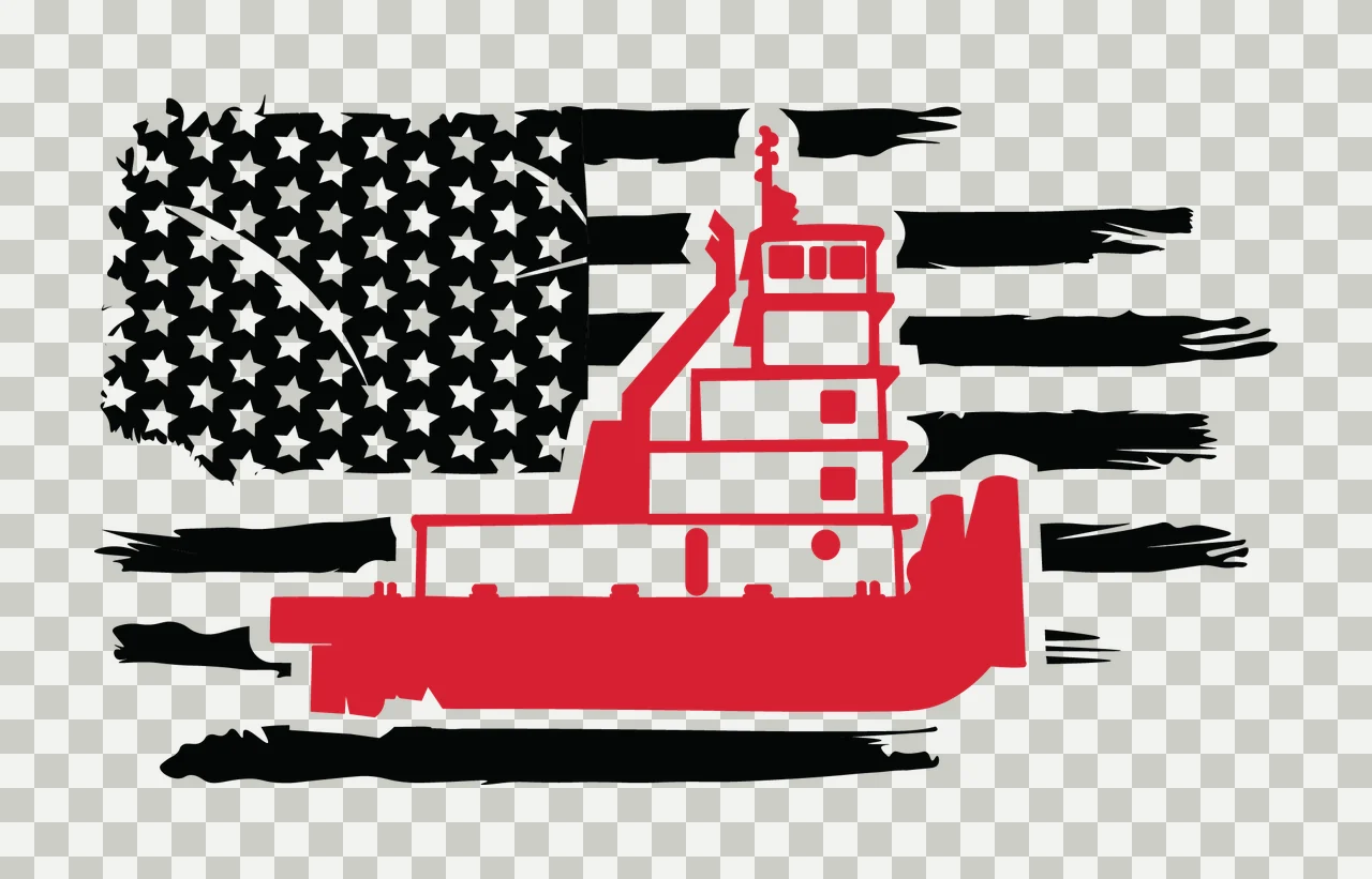Boat Tugboat Silhouette Over Distressed Flag black white vessel transparency and detail preview thumbnail