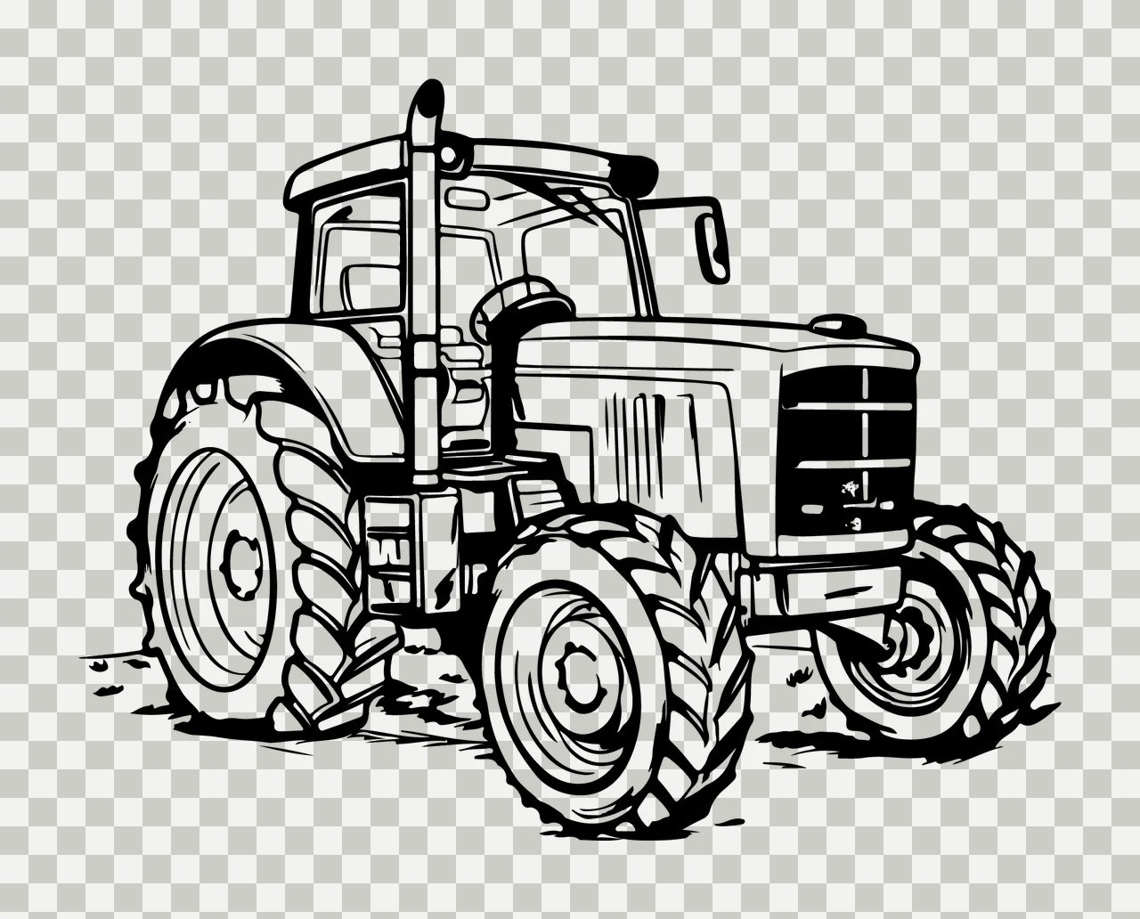Detailed Line Art Of A Tractor parked tire ground black white transparency and detail preview thumbnail