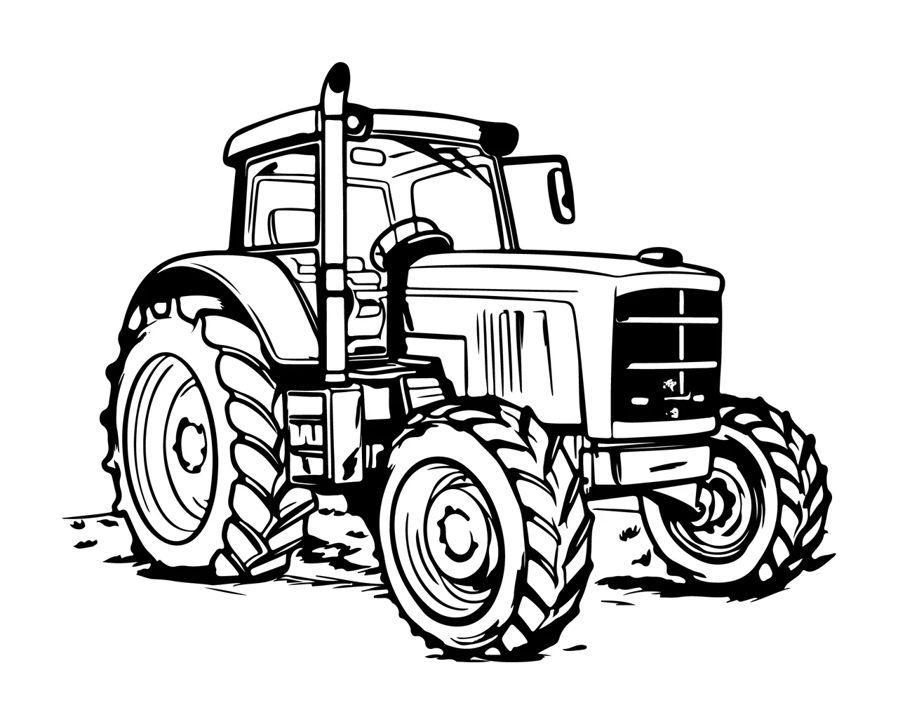 Detailed Line Art Of A Tractor parked tire ground black white