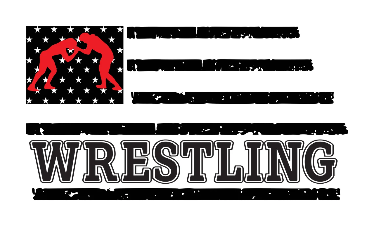 WRESTLING wrestling american flag Design with distressed american flag, red wrestler silhouettes, stars canton and distressed stripes in black and white