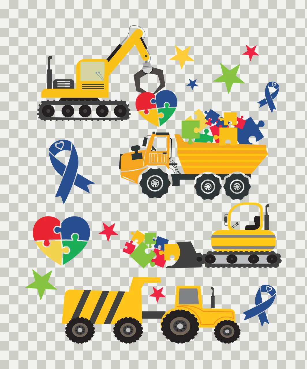 Autism awareness construction vehicle set Illustration with yellow excavator with magnet lifting puzzle heart, yellow dump truck carrying puzzle pieces, yellow bulldozer pushing puzzle pieces transparency and detail preview thumbnail
