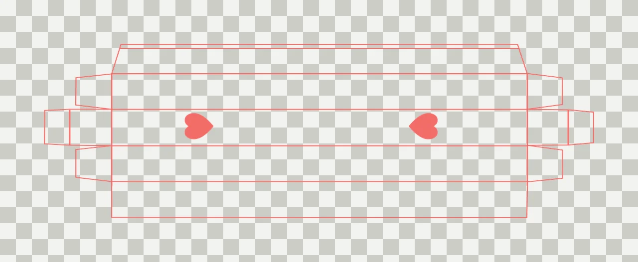 Line Art Illustration of Paper box die-cut template with red heart shapes, fold lines and box flaps in white transparency and detail preview thumbnail