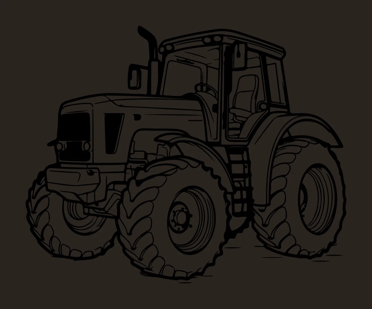 Black And White Tractor Front View stationary tires cab exhaust stack contrast preview thumbnail