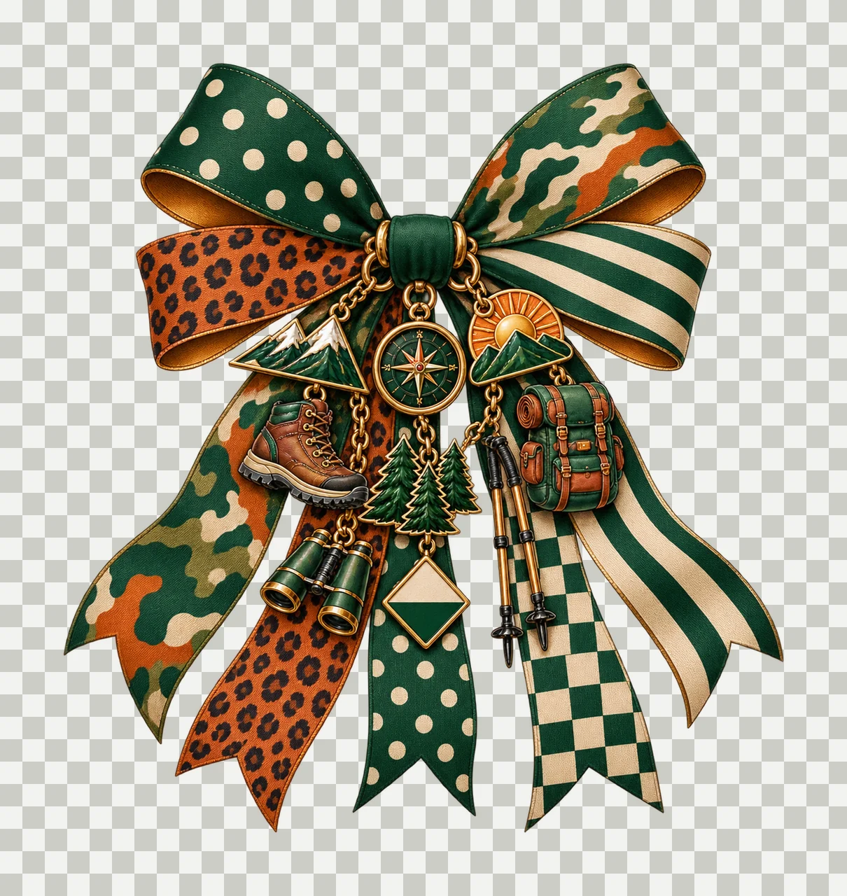 Hiking Lover Bow Charm PNG, Boot Mountain Compass and Backpack Charms, Outdoor Adventure Sublimation Design, Transparent Download transparency and detail preview thumbnail