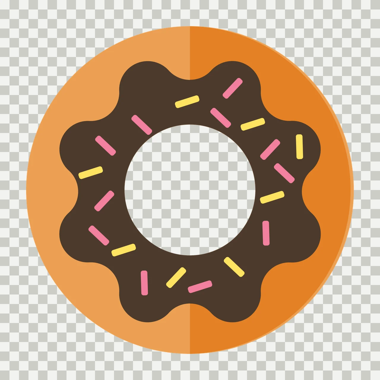 Chocolate glazed donut Illustration with chocolate glaze, pink sprinkles, yellow sprinkles and doughnut ring in brown and orange transparency and detail preview thumbnail