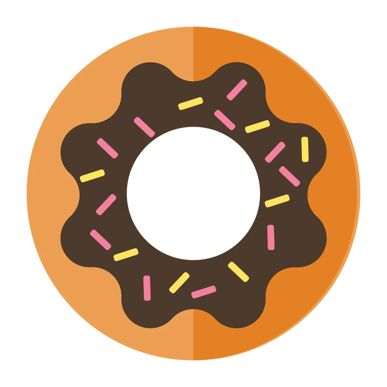 Chocolate glazed donut Illustration with chocolate glaze, pink sprinkles, yellow sprinkles and doughnut ring in brown and orange