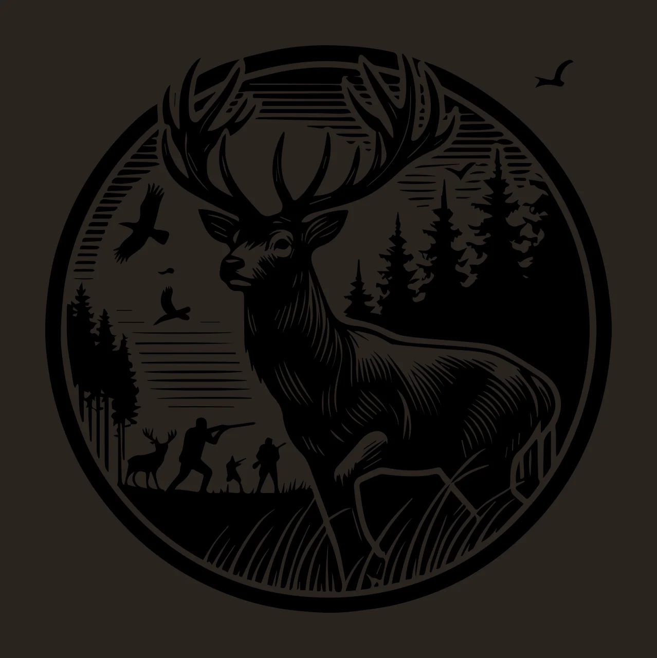 Deer In Forest Circular Emblem standing antlers trees birds contrast preview thumbnail