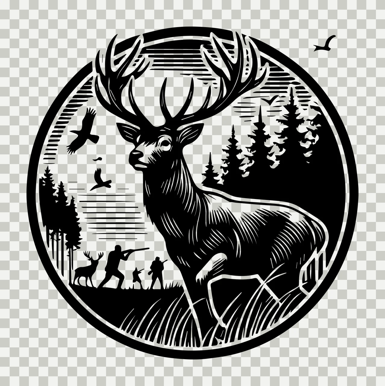Deer In Forest Circular Emblem standing antlers trees birds transparency and detail preview thumbnail