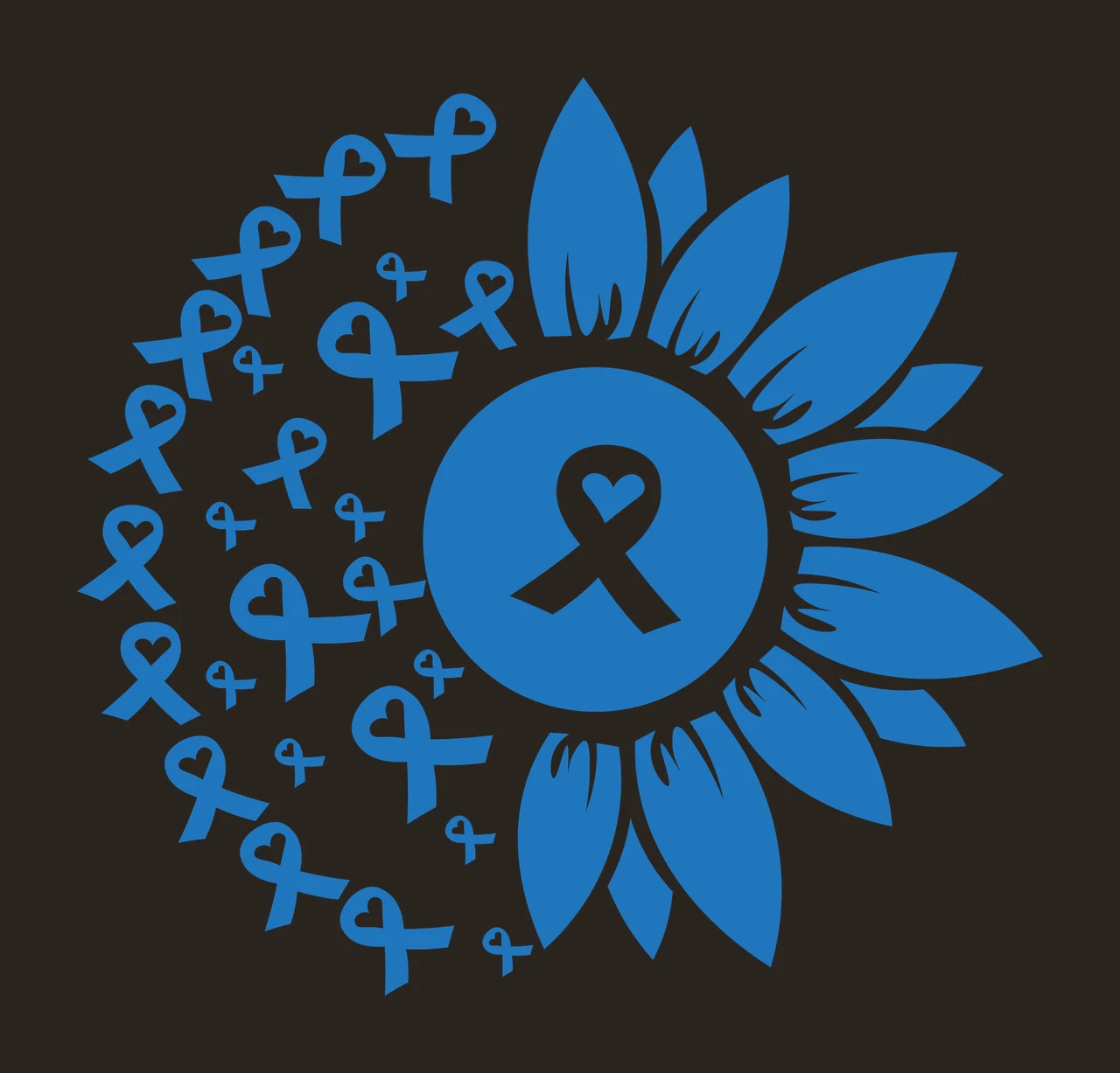 Sunflower design with blue awareness ribbons with central blue circle, white ribbon with heart and scattered blue awareness ribbons contrast preview thumbnail
