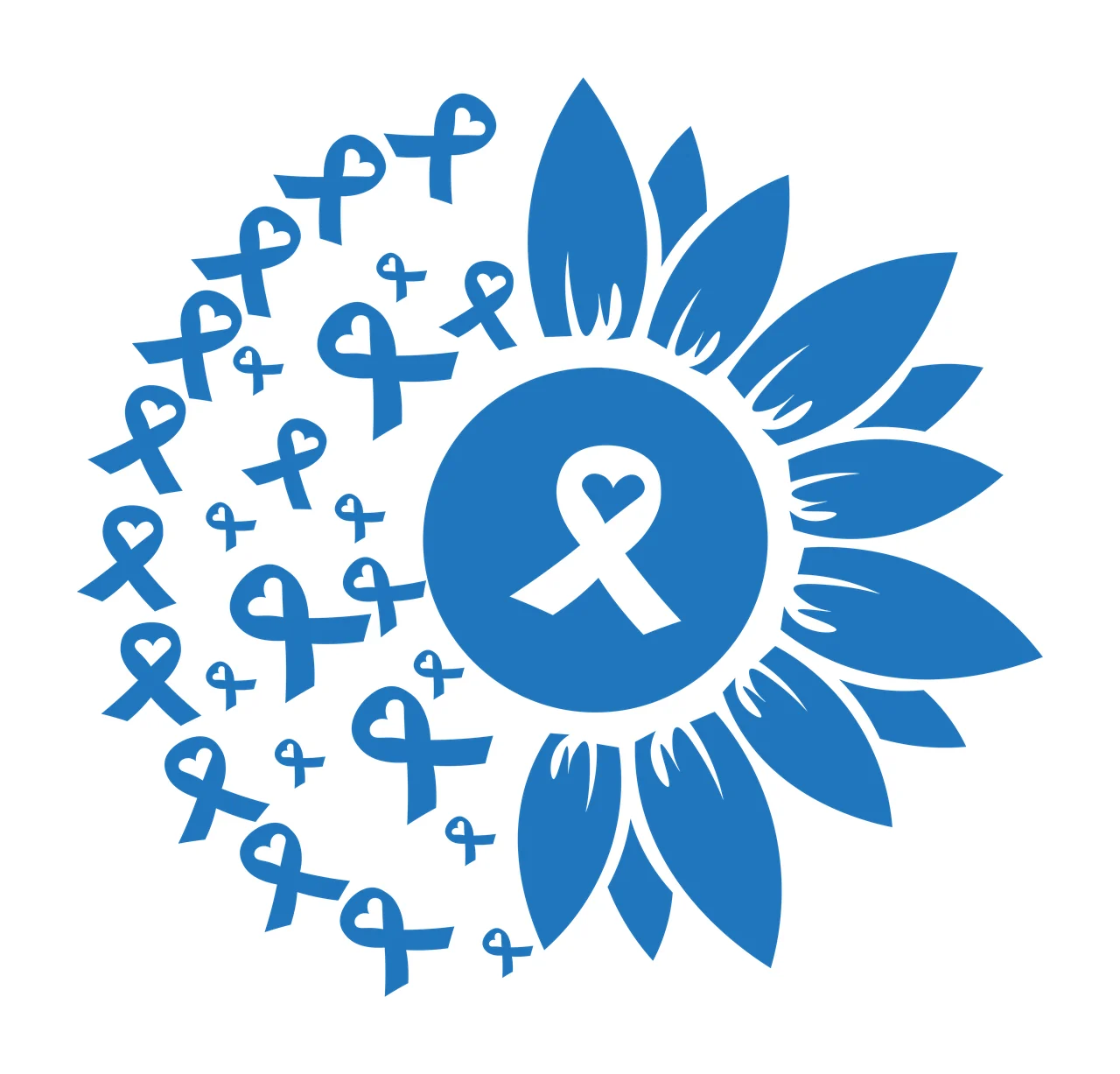 Sunflower design with blue awareness ribbons with central blue circle, white ribbon with heart and scattered blue awareness ribbons