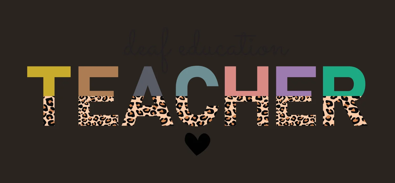 Deaf education TEACHER Typography Design with black cursive text 'deaf education', multicolored block letters 'T E A C H E R', leopard print on lower halves of letters and solid black heart in yellow contrast preview thumbnail
