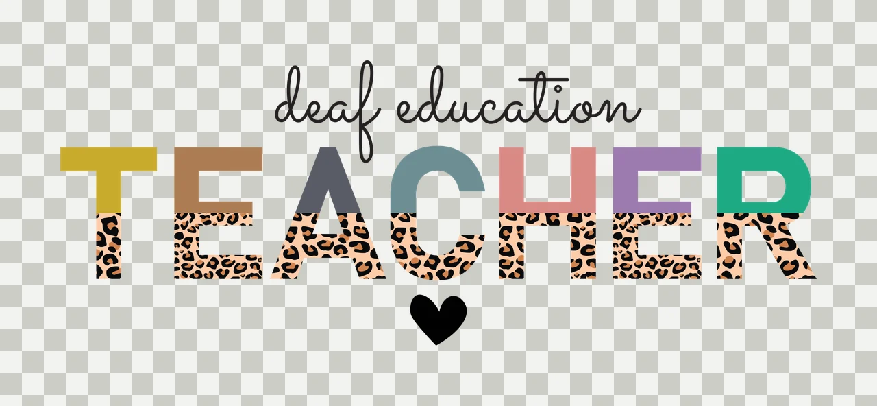 Deaf education TEACHER Typography Design with black cursive text 'deaf education', multicolored block letters 'T E A C H E R', leopard print on lower halves of letters and solid black heart in yellow transparency and detail preview thumbnail