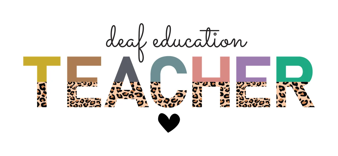 Deaf education TEACHER Typography Design with black cursive text 'deaf education', multicolored block letters 'T E A C H E R', leopard print on lower halves of letters and solid black heart in yellow