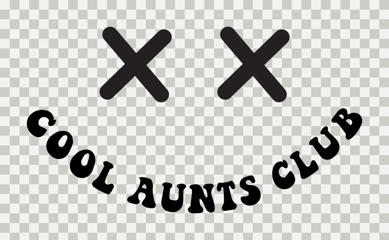 COOL AUNTS CLUB Typography Design with two black X shapes and curved black text reading 'COOL AUNTS CLUB' in white transparency and detail preview thumbnail