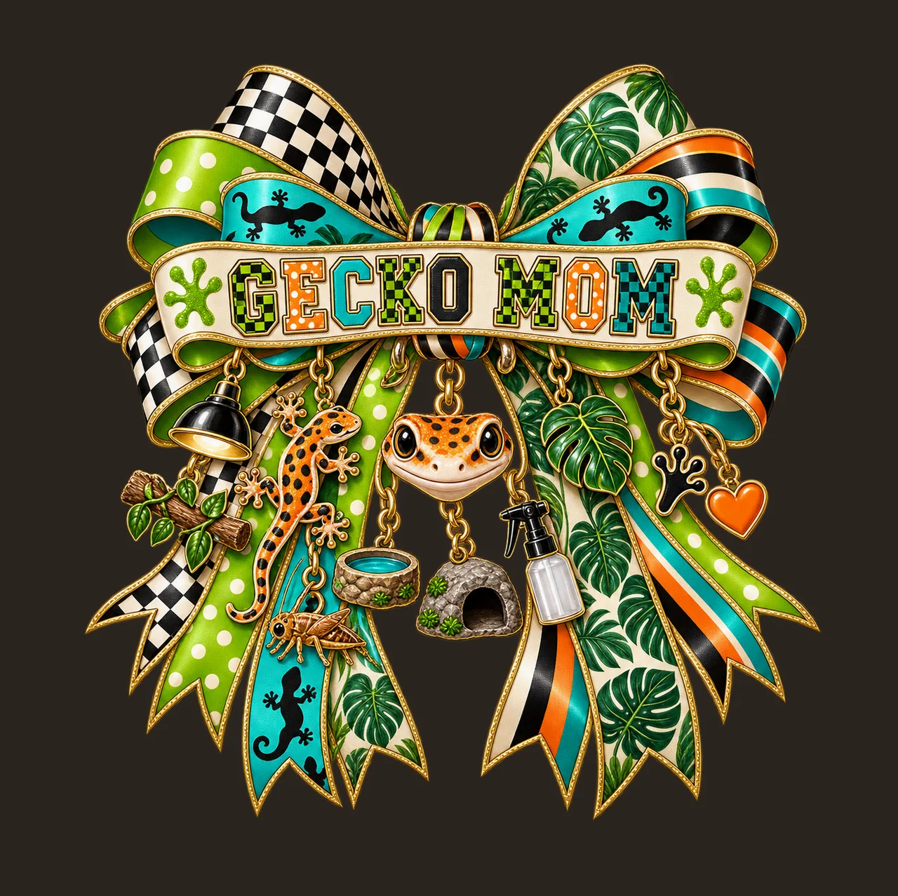 Gecko Mom Bow Charm PNG, Patterned Varsity Mom Ribbon Clipart, Transparent Sublimation Digital Download contrast preview thumbnail
