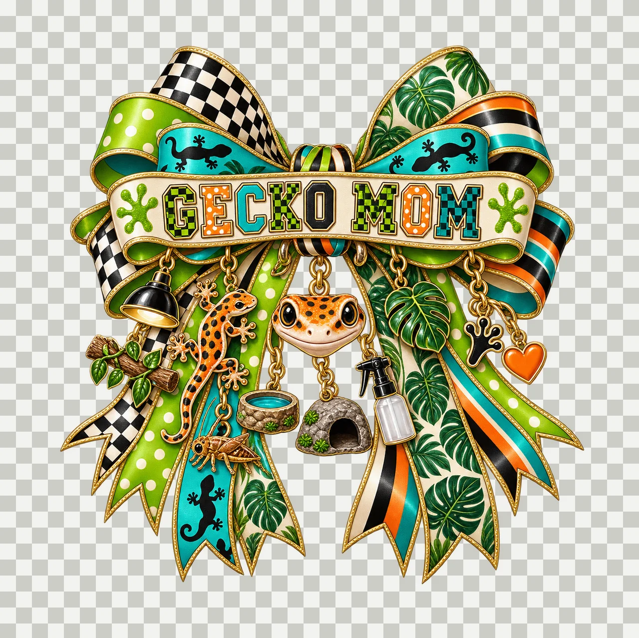 Gecko Mom Bow Charm PNG, Patterned Varsity Mom Ribbon Clipart, Transparent Sublimation Digital Download transparency and detail preview thumbnail