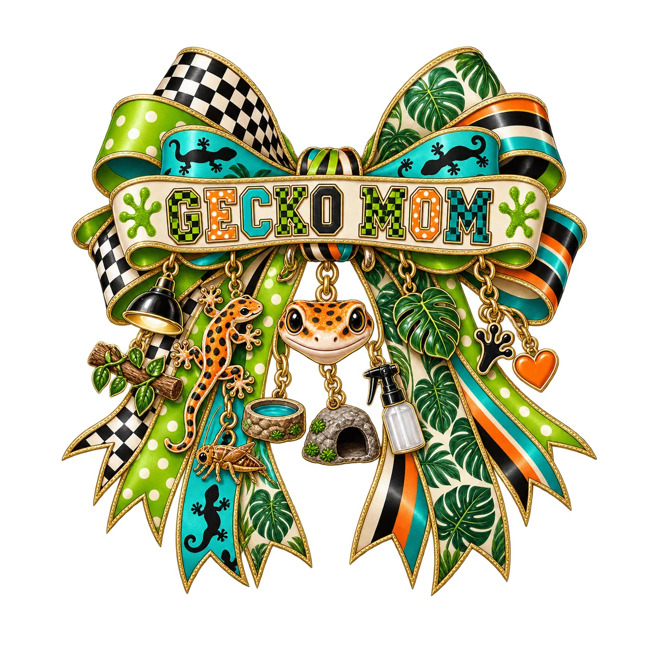 Gecko Mom Bow Charm PNG, Patterned Varsity Mom Ribbon Clipart, Transparent Sublimation Digital Download