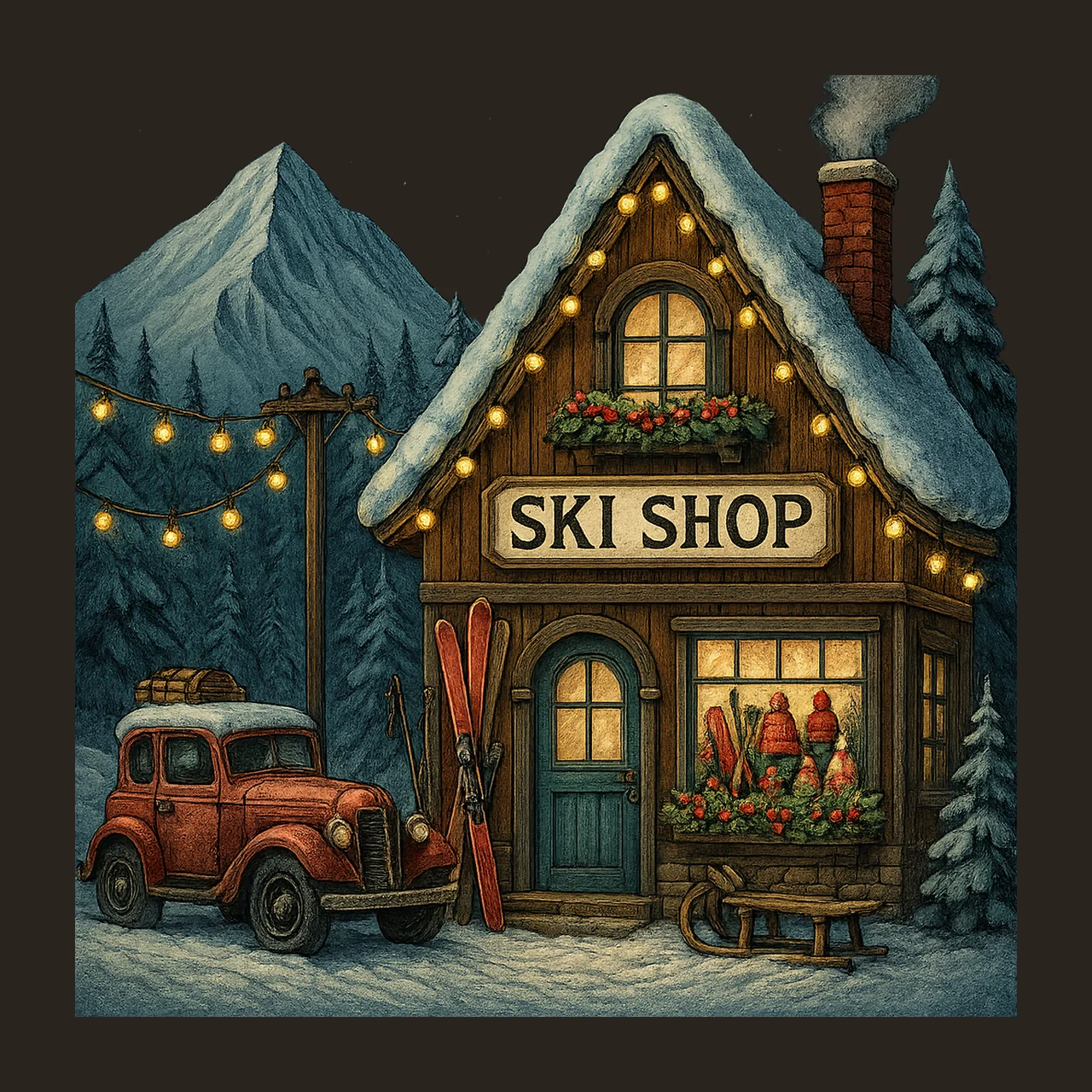Ski Shop Watercolor Fantasy Winter Scene Whimsical Art Junk contrast preview thumbnail