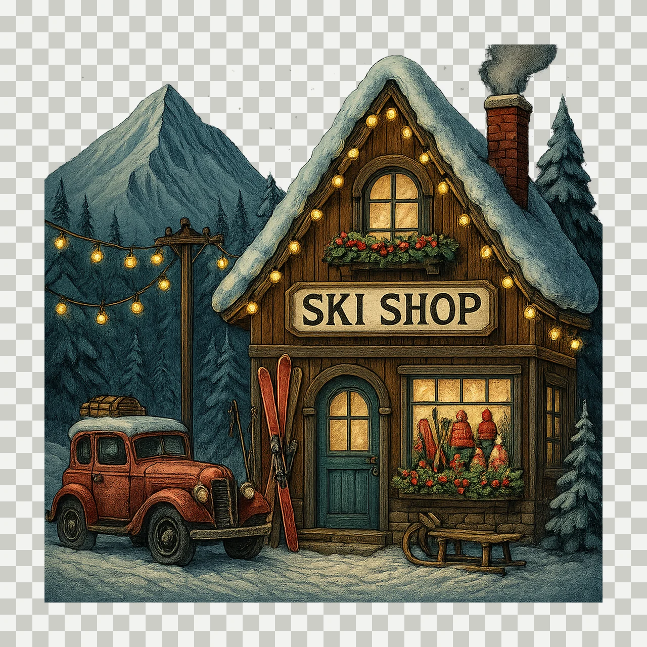 Ski Shop Watercolor Fantasy Winter Scene Whimsical Art Junk transparency and detail preview thumbnail