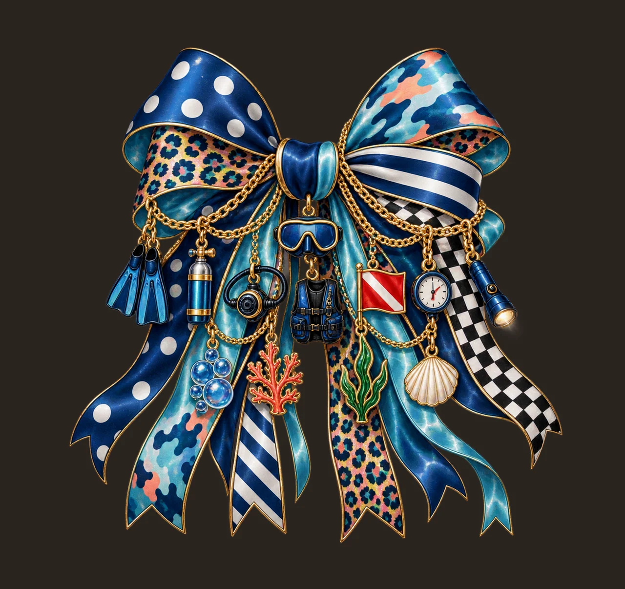 Scuba Diving Lover Bow Charm PNG, Themed Gold Chain Charms, Coquette Ribbon Sublimation Design, Transparent Digital Download contrast preview thumbnail