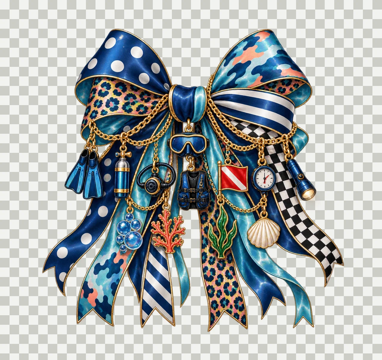 Scuba Diving Lover Bow Charm PNG, Themed Gold Chain Charms, Coquette Ribbon Sublimation Design, Transparent Digital Download transparency and detail preview thumbnail