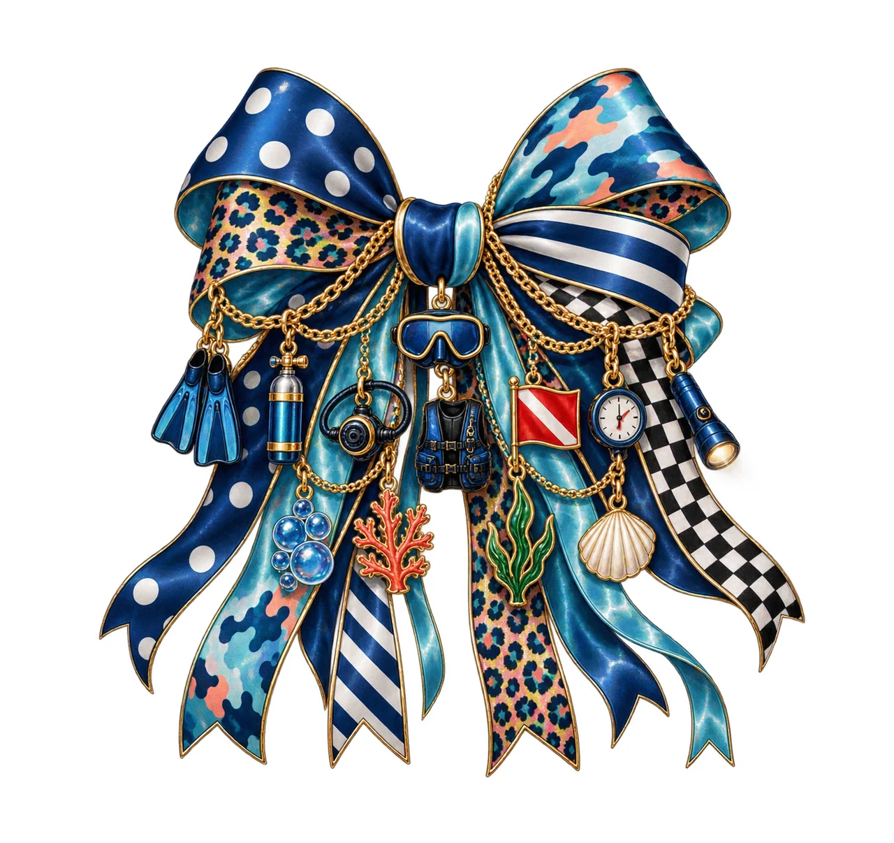 Scuba Diving Lover Bow Charm PNG, Themed Gold Chain Charms, Coquette Ribbon Sublimation Design, Transparent Digital Download