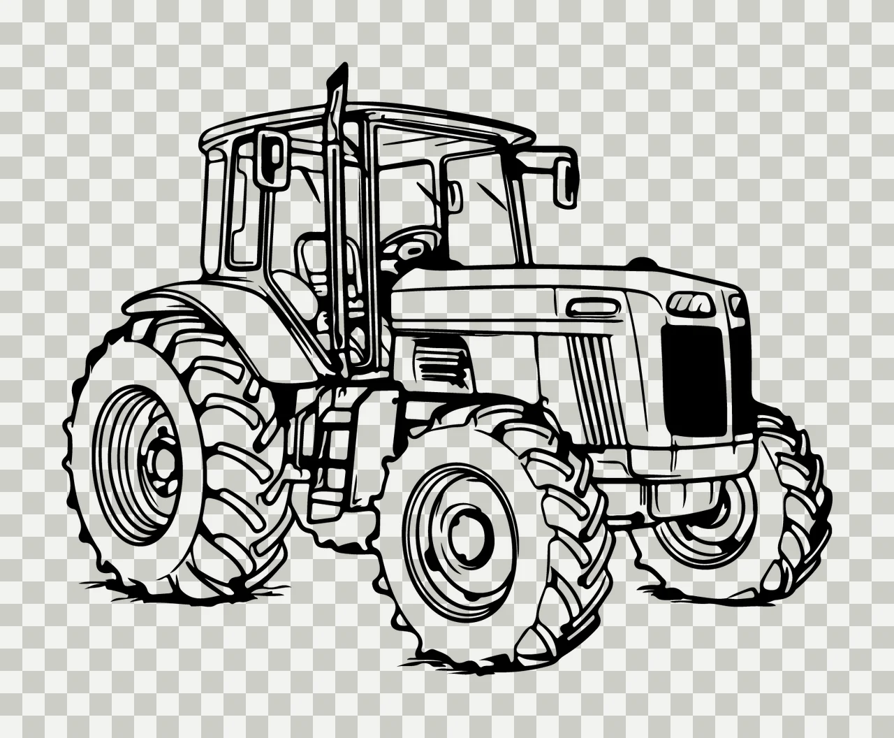 Black And White Tractor Illustration vehicle wheels exhaust pipe transparency and detail preview thumbnail