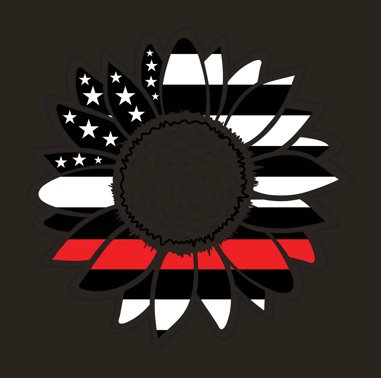 Sunflower Illustration with sunflower petals, stars, stripes and thin red line in black and white contrast preview thumbnail