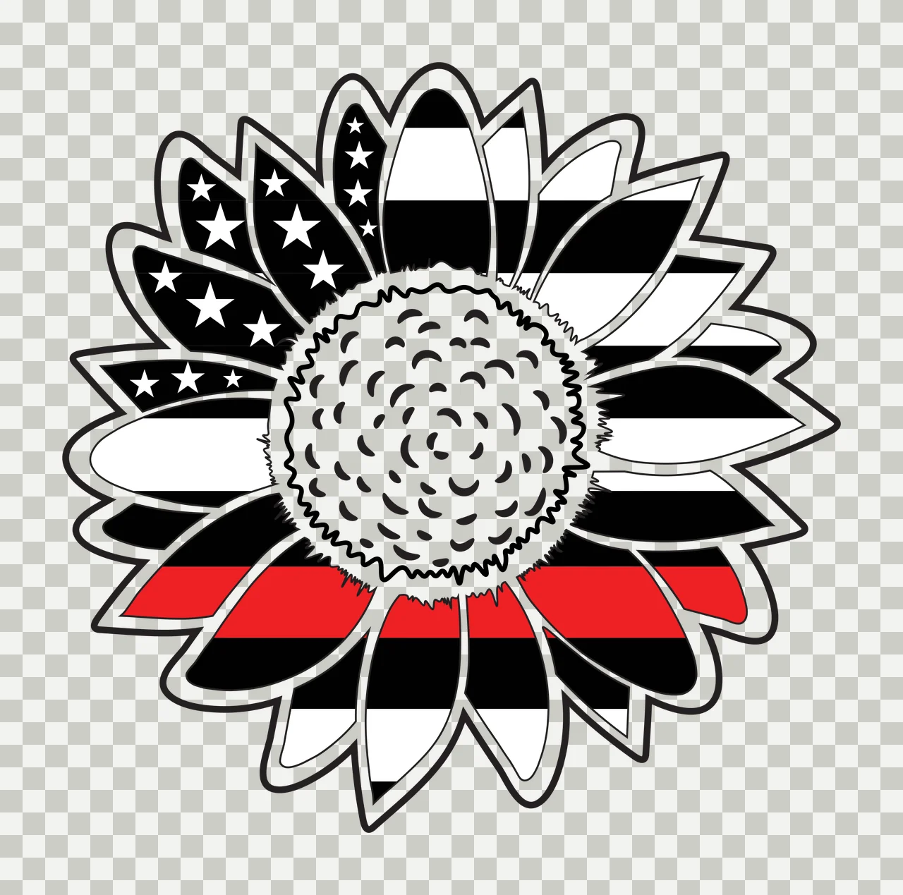 Sunflower Illustration with sunflower petals, stars, stripes and thin red line in black and white transparency and detail preview thumbnail