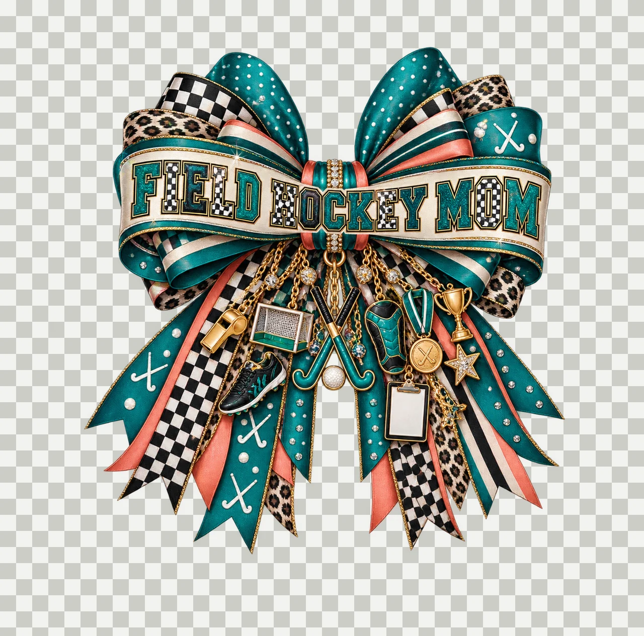 Field Hockey Mom Bow Charm PNG, Patterned Varsity Mom Ribbon Clipart, Transparent Sublimation Digital Download transparency and detail preview thumbnail