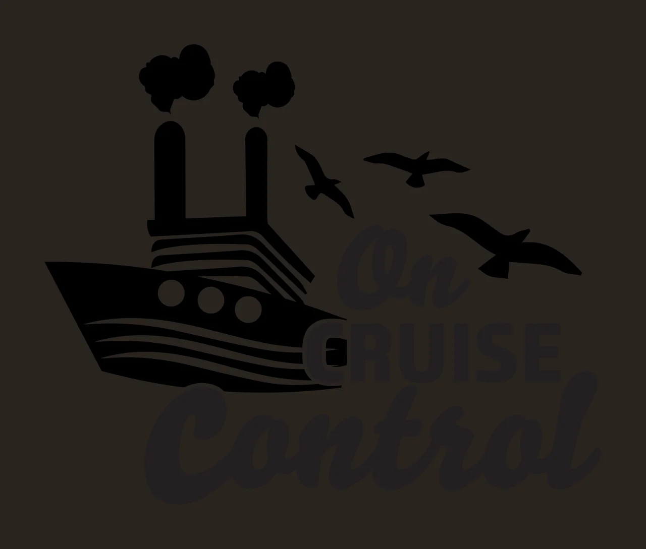 On CRUISE Control Typography Design with cruise ship, smokestacks, smoke and birds in black and white contrast preview thumbnail