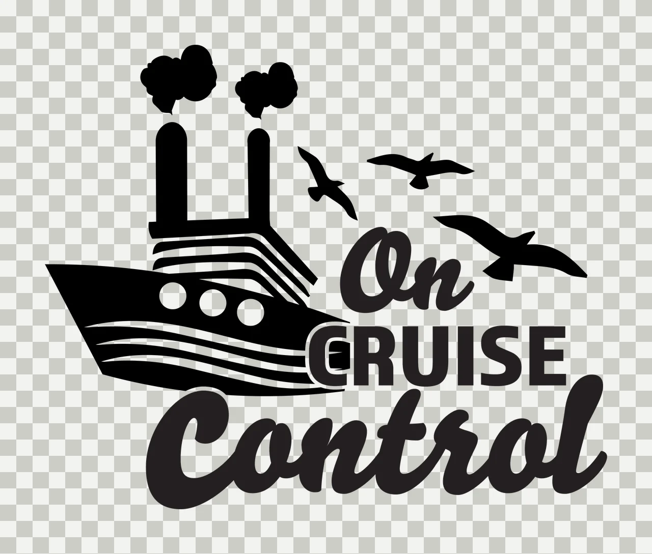 On CRUISE Control Typography Design with cruise ship, smokestacks, smoke and birds in black and white transparency and detail preview thumbnail