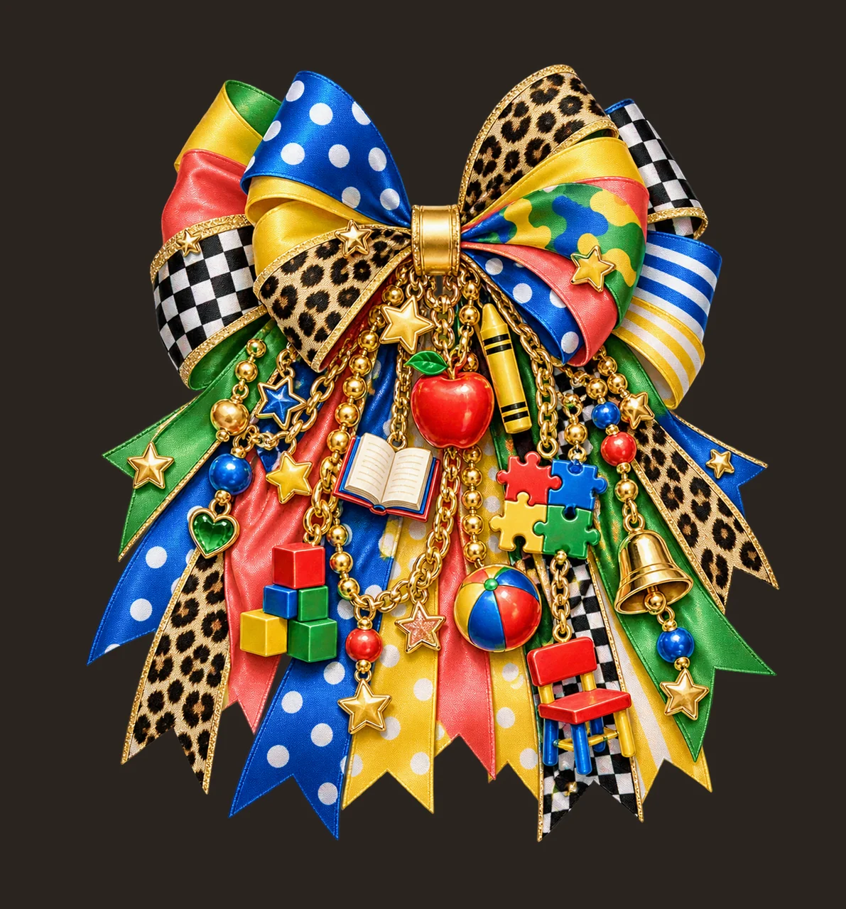 Preschool Teacher Bow Charm PNG, Themed Gold Chain Charms, Coquette Ribbon Sublimation Design, Transparent Digital Download contrast preview thumbnail