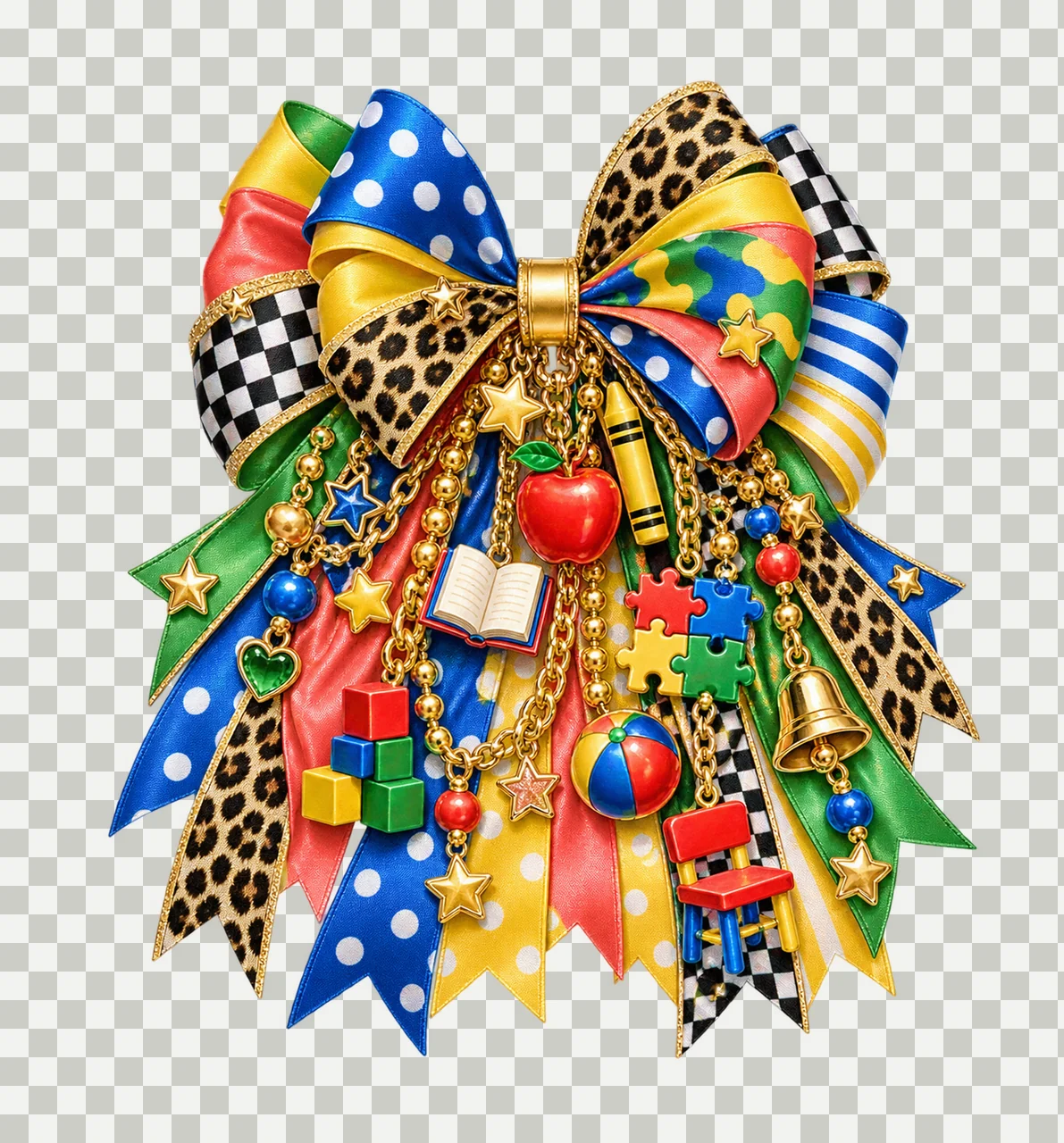 Preschool Teacher Bow Charm PNG, Themed Gold Chain Charms, Coquette Ribbon Sublimation Design, Transparent Digital Download transparency and detail preview thumbnail
