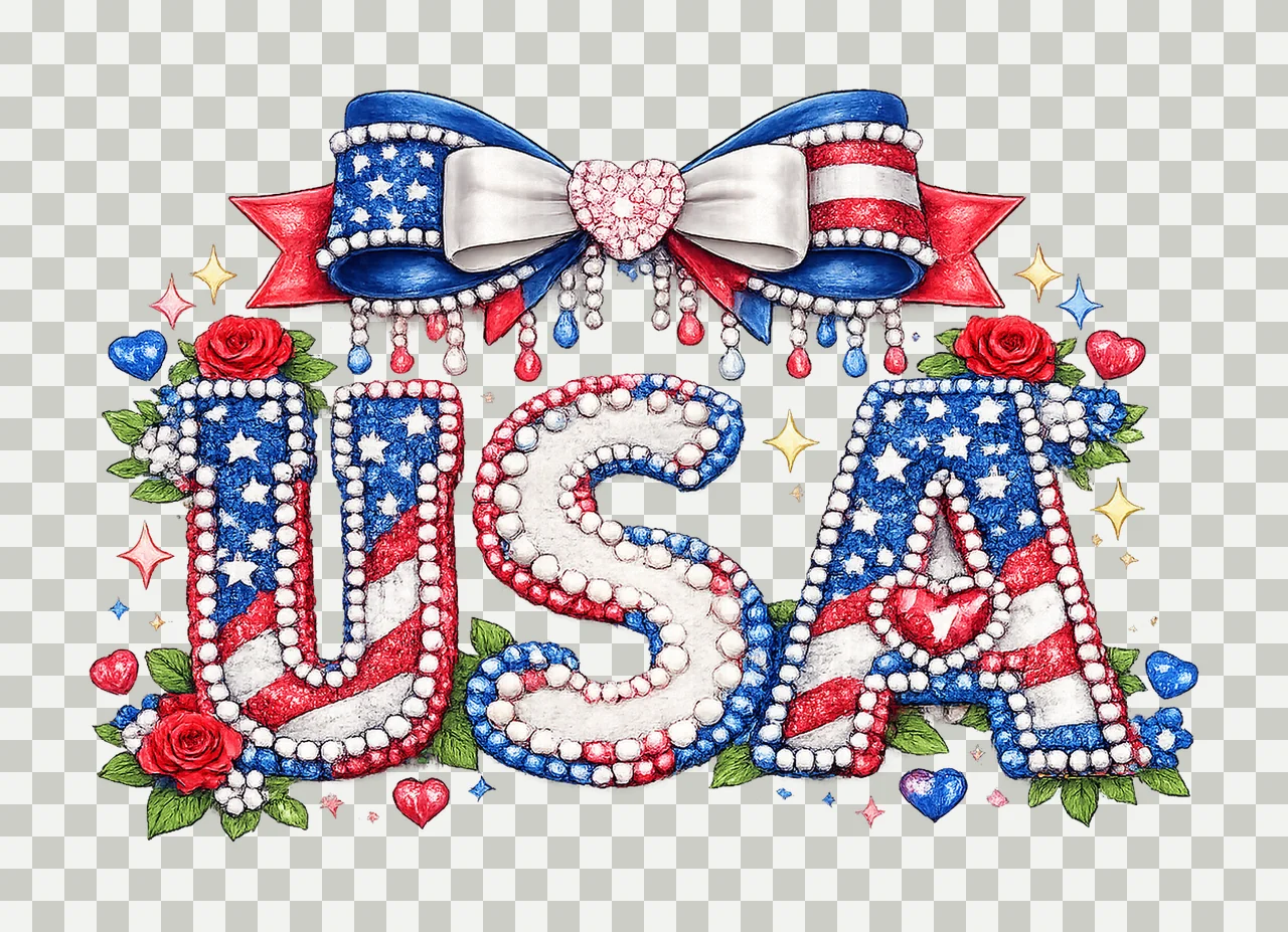 USA Coquette Bow Patriotic Faux Pearl Design for 4th of July transparency and detail preview thumbnail