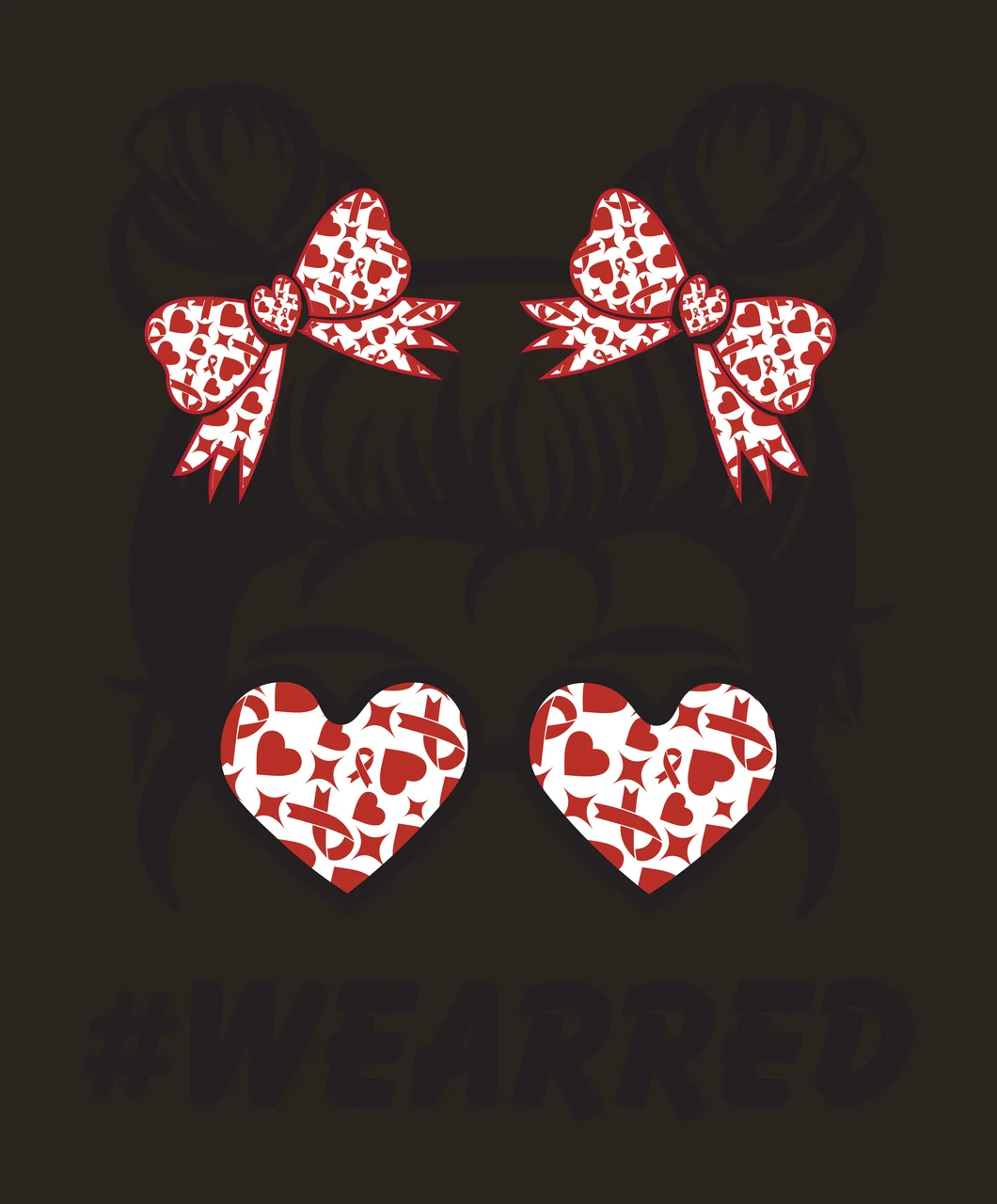 #WEARRED Typography Design with black hair in two buns, red and white patterned bows, heart-shaped sunglasses and red and white pattern inside lenses contrast preview thumbnail