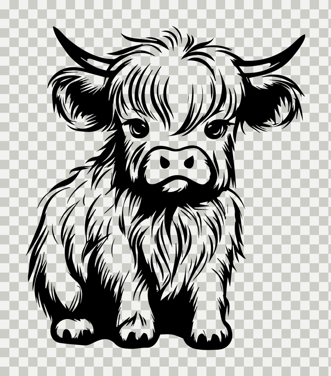 Highland Cow Portrait With Horns sitting line drawing black transparency and detail preview thumbnail