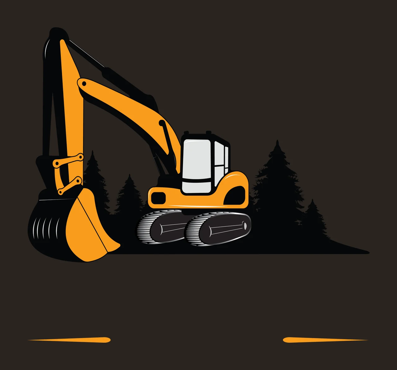 Black Silhouette Of An Excavator Parked Near Pine trees ground contrast preview thumbnail