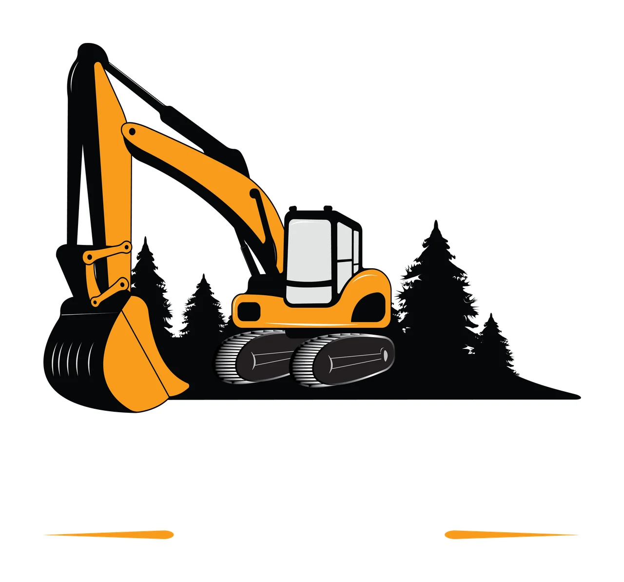 Black Silhouette Of An Excavator Parked Near Pine trees ground