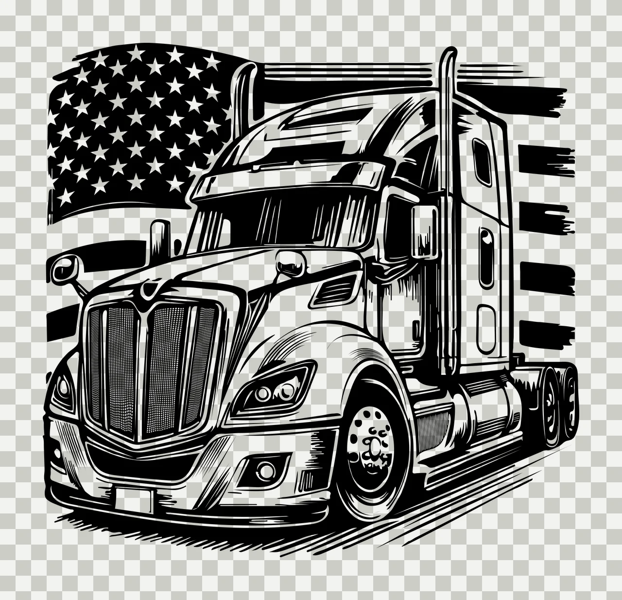 Semi Truck Flag With American Line Art parked black white vehicle transparency and detail preview thumbnail