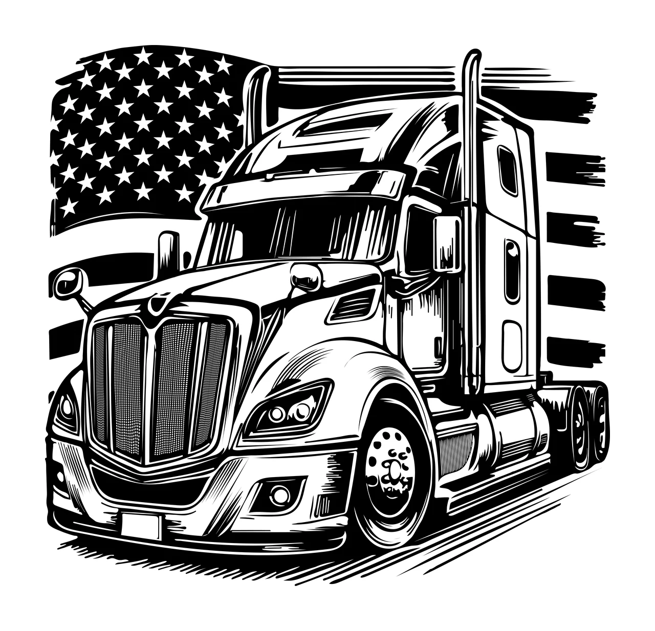 Semi Truck Flag With American Line Art parked black white vehicle