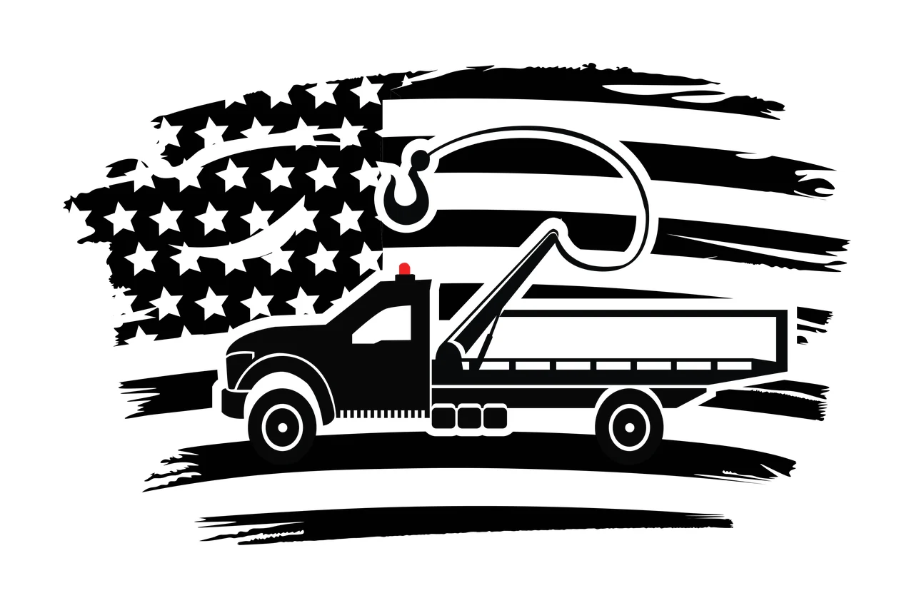 Towing Tow Truck And American Flag Silhouette hook stars stripes