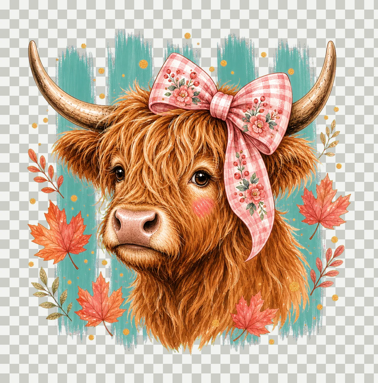 Highland Cow Fall Pink Bow Autumn Sublimation Variation C transparency and detail preview thumbnail